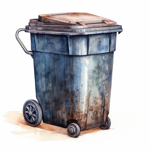 Il y a une peinture à l'aquarelle d'une poubelle avec des roues générative ai