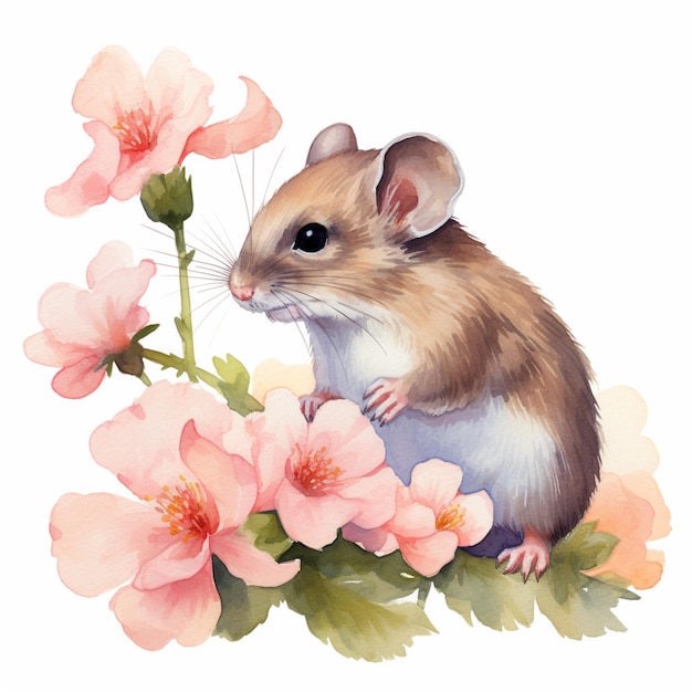 Il y a une peinture à l'aquarelle d'une souris assise sur une fleur générative ai