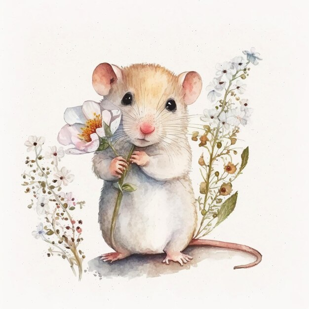 Il y a une peinture à l'aquarelle d'une souris tenant une fleur générative ai