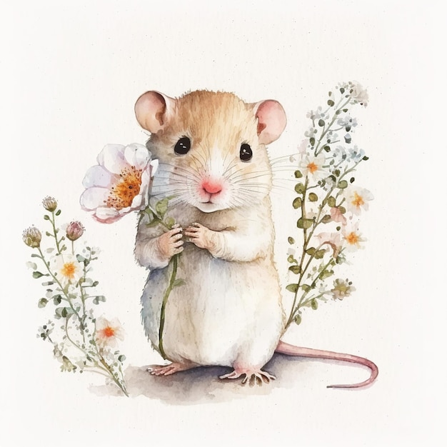 Il y a une peinture à l'aquarelle d'une souris tenant une fleur générative ai