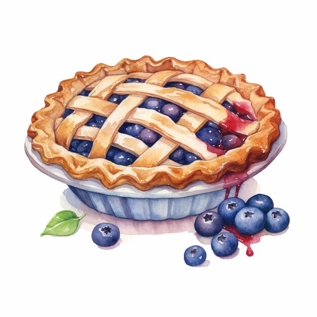 Il y a une peinture à l'aquarelle d'une tarte avec des bleuets dessus.