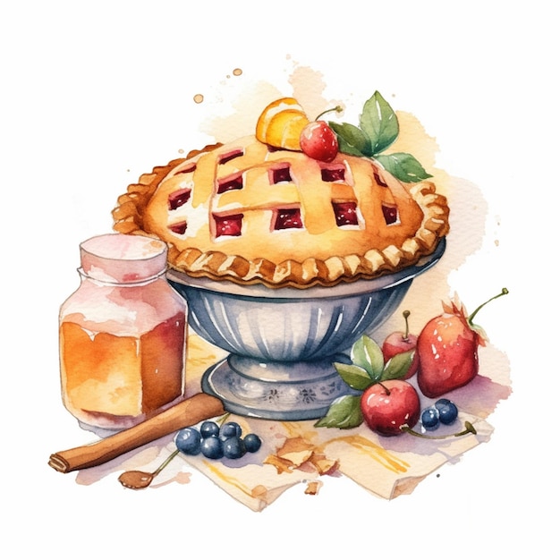 Il y a une peinture à l'aquarelle d'une tarte avec des fruits dessus.