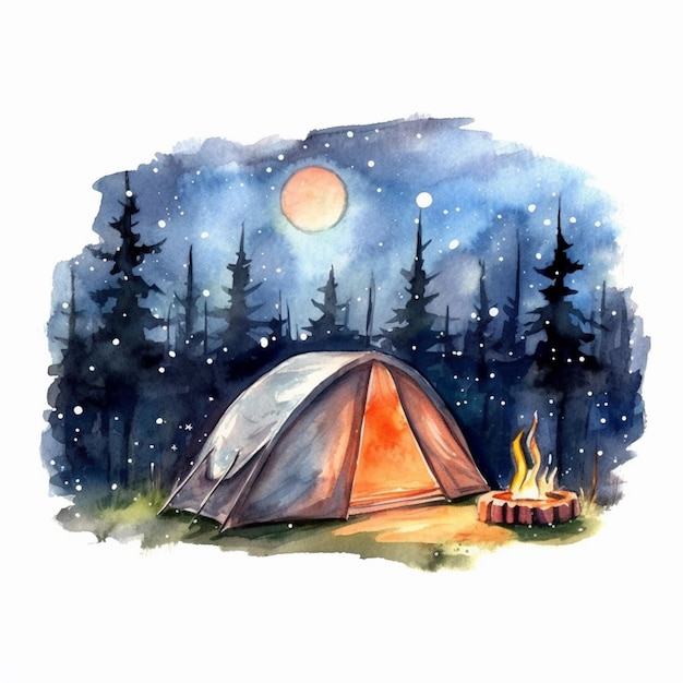 Il y a une peinture à l'aquarelle d'une tente et d'un feu de camp génératif.