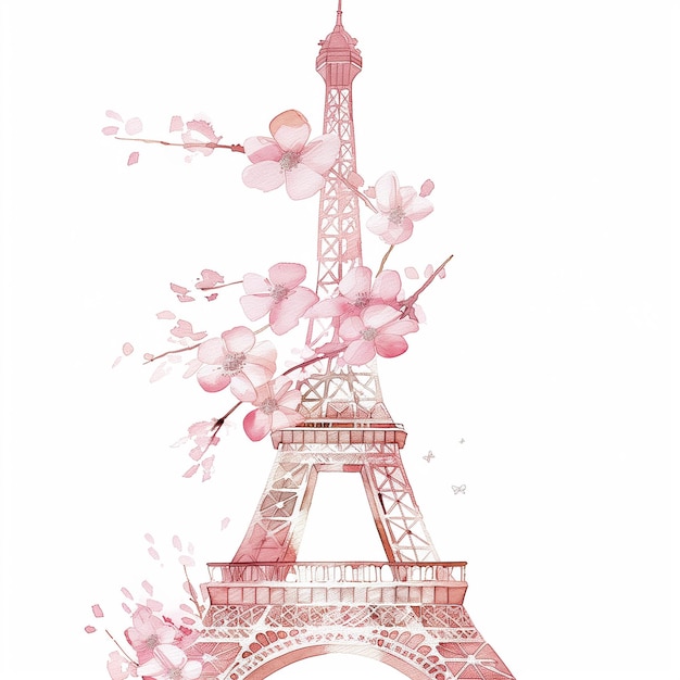 Photo il y a une peinture à l'aquarelle de la tour eiffel avec des fleurs de cerisier.