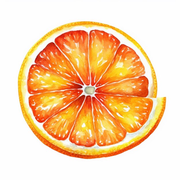 Il y a une peinture à l'aquarelle d'une tranche d'orange sur un fond blanc.