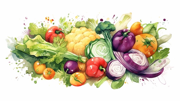 Il y a une peinture à l'aquarelle d'une variété de légumes génératifs ai