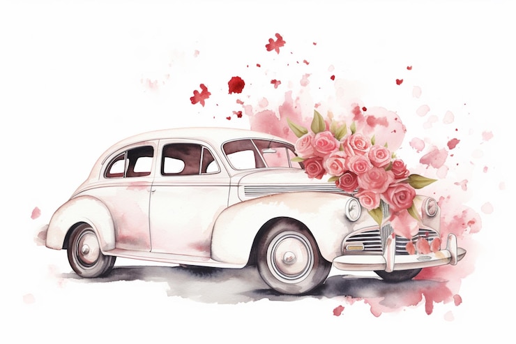 Photo il y a une peinture à l'aquarelle d'une voiture avec des fleurs sur le devant.
