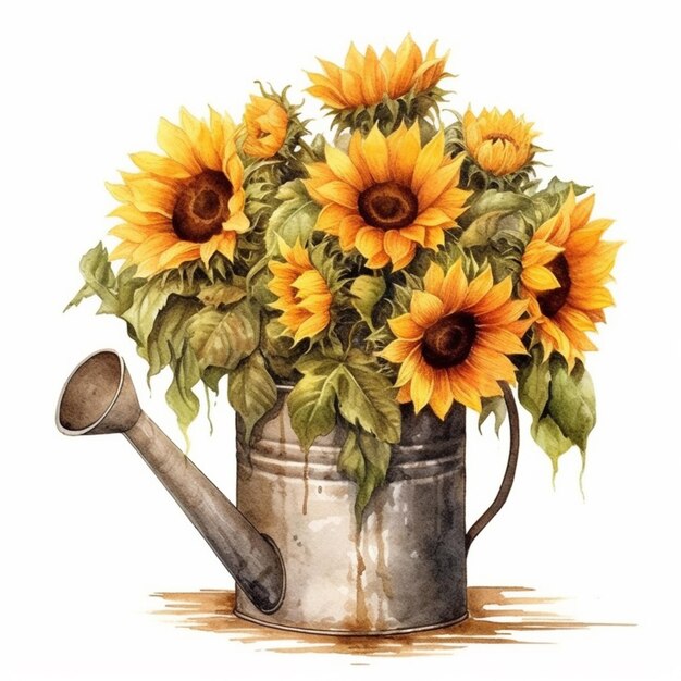 Il y a une peinture d'un arrosoir avec des tournesols dedans.