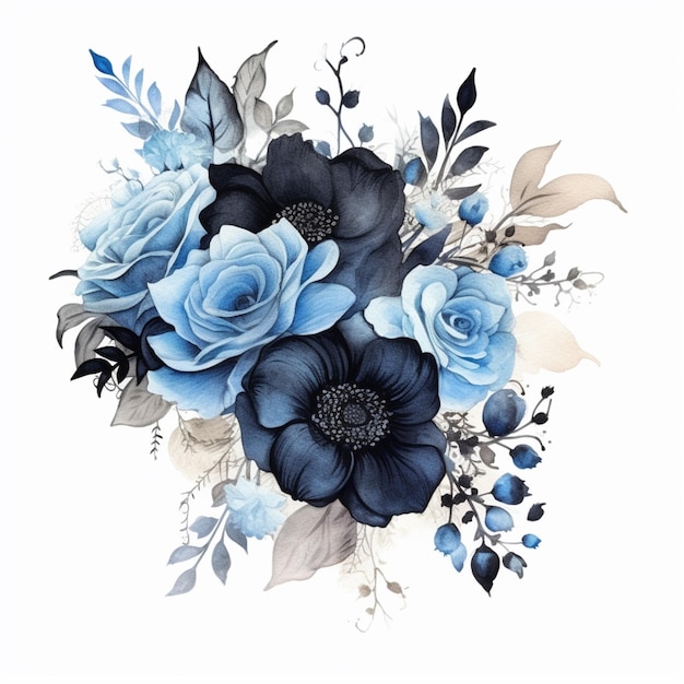 il y a une peinture d'un bouquet de fleurs bleues sur fond blanc ai générative