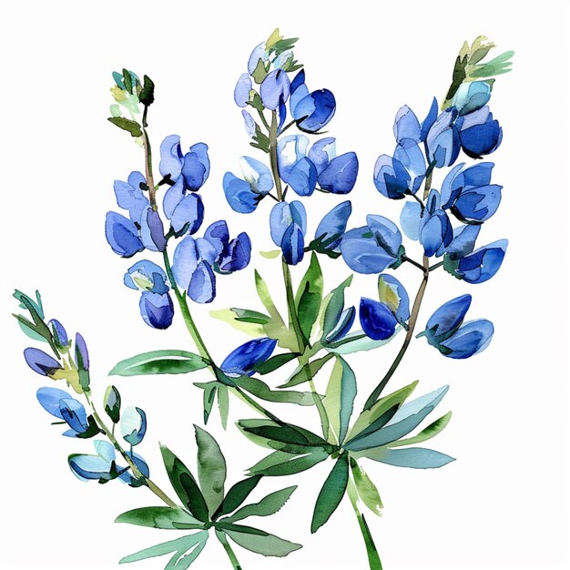 Il y a une peinture d'un bouquet de fleurs bleues sur un fond blanc.