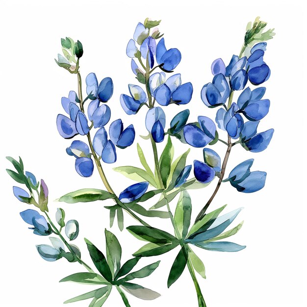 Il y a une peinture d'un bouquet de fleurs bleues sur un fond blanc.