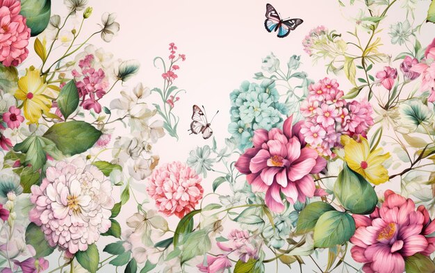 il y a une peinture d'un bouquet de fleurs et d'un papillon ai génératif