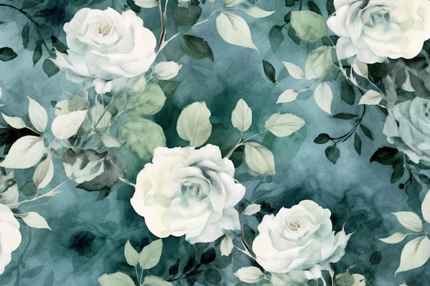 Il y a une peinture d'un bouquet de roses blanches sur fond bleu ai générative