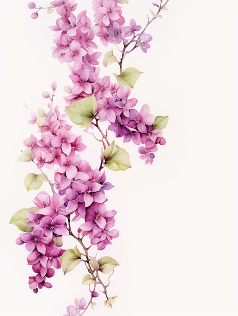 Il y a une peinture d'une branche de fleurs violettes avec des feuilles vertes ai générative