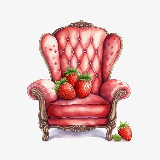 Il y a une peinture d'une chaise avec deux fraises dessus.