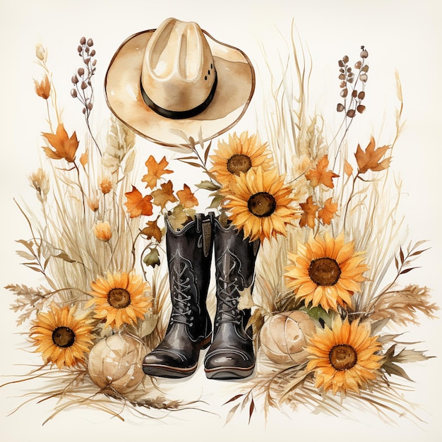 il y a une peinture d'un chapeau de cowboy et de bottes avec des tournesols ai génératif