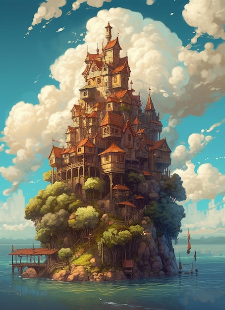 Il y a une peinture d'un château sur une petite île générative ai