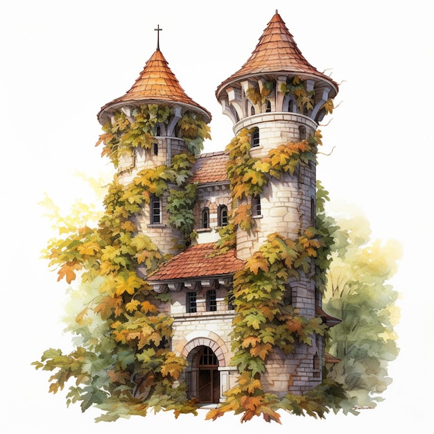 Il y a une peinture d'un château avec une tour et une croix au sommet.