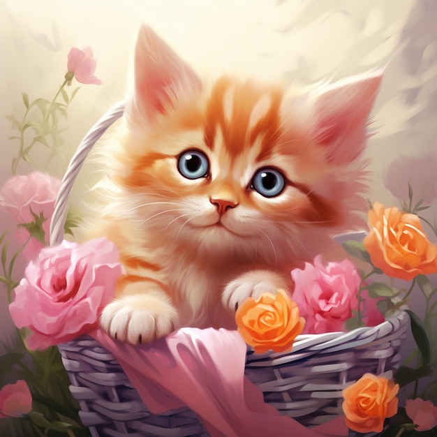 il y a une peinture d'un chaton assis dans un panier avec des roses ai générative