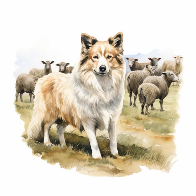 Il y a une peinture d'un chien debout dans un champ avec des moutons ai générative