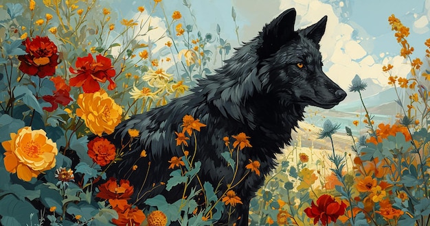 il y a une peinture d'un chien noir dans un champ de fleurs ai générative