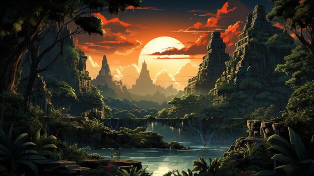 il y a une peinture d'un coucher de soleil dans la jungle ai générative