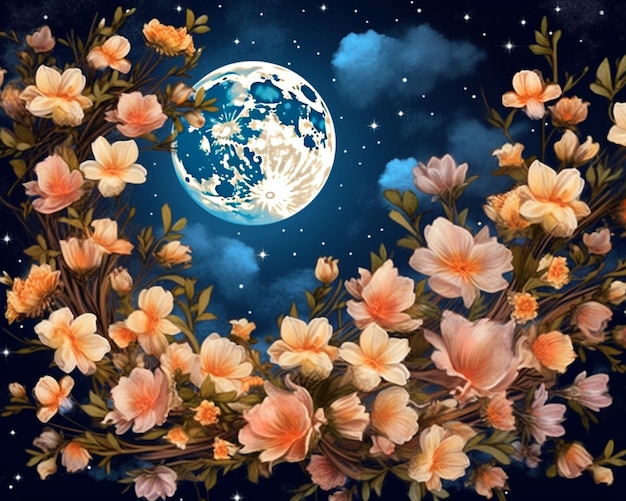 il y a une peinture d'une couronne de fleurs avec une pleine lune en arrière-plan IA générative