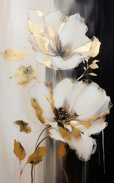 il y a une peinture de deux fleurs blanches avec des feuilles d'or ai génératif