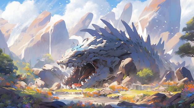 il y a une peinture d'un dragon dans une zone de montagne ai générative