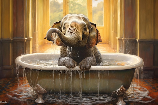 Il y a une peinture d'un éléphant dans une baignoire avec de l'eau qui en sort.