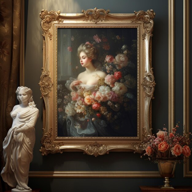 Photo il y a une peinture d'une femme avec des fleurs dans un vase génératif ai