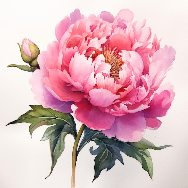 Il y a une peinture d'une fleur rose avec des feuilles vertes générative ai