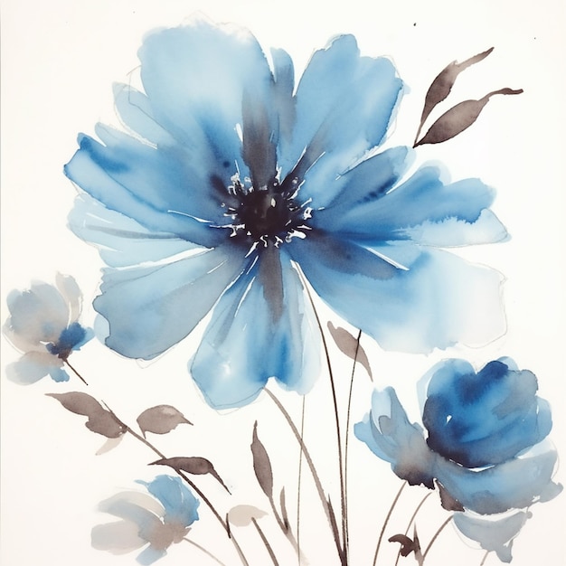 Il y a une peinture de fleurs bleues sur un fond blanc.