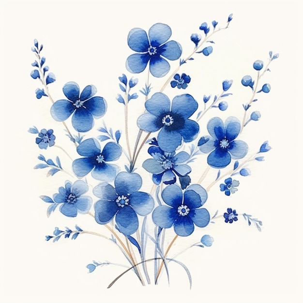 Photo il y a une peinture de fleurs bleues sur un fond blanc.