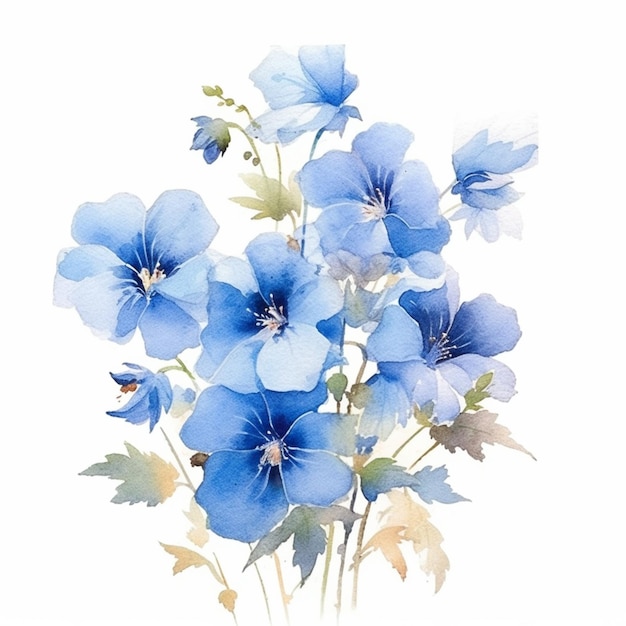 Il y a une peinture de fleurs bleues sur un fond blanc.