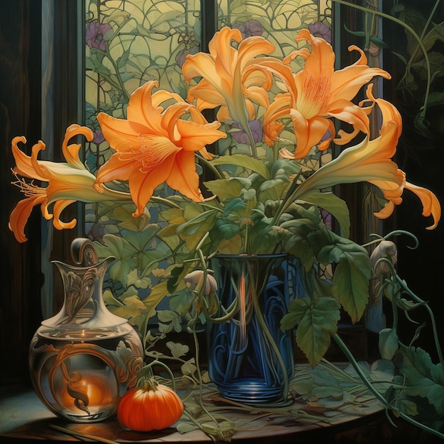 Il y a une peinture de fleurs d'orange dans un vase sur une table générative ai