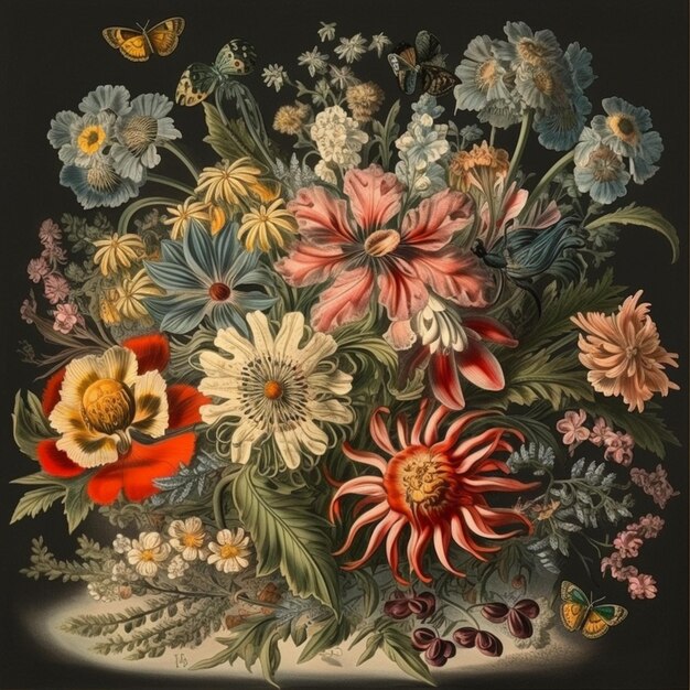 Il y a une peinture de fleurs et de papillons dans un vase génératif ai