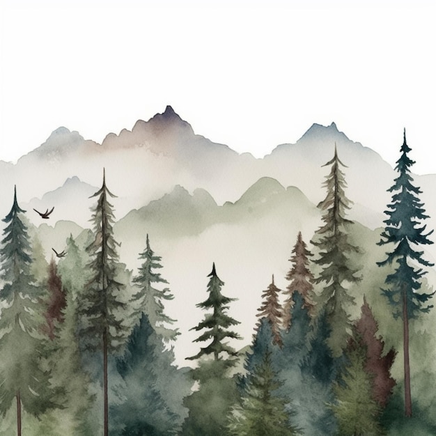 Il y a une peinture d'une forêt avec une montagne en arrière-plan ai générative