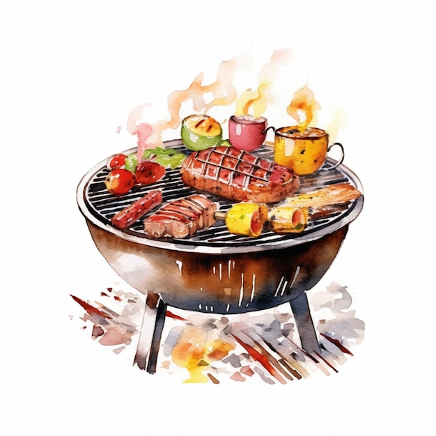 Il y a une peinture d'un grill avec de la viande et des légumes dessus ai générative