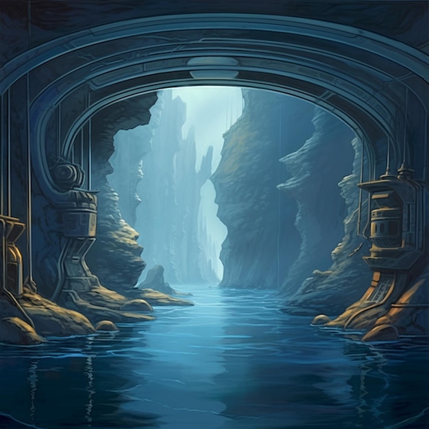 Il y a une peinture d'une grotte avec une rivière à l'intérieur.