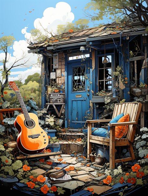 Photo il y a une peinture d'une guitare et d'une chaise devant une maison bleue.