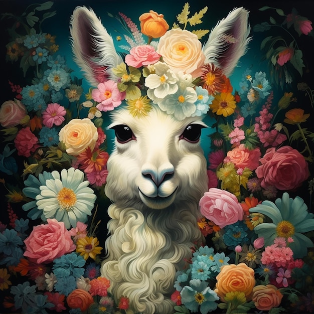il y a une peinture d'un lama avec des fleurs sur la tête ai générative