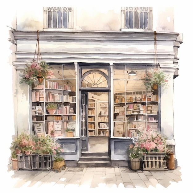 Il y a une peinture d'une librairie avec des fleurs dans la fenêtre.