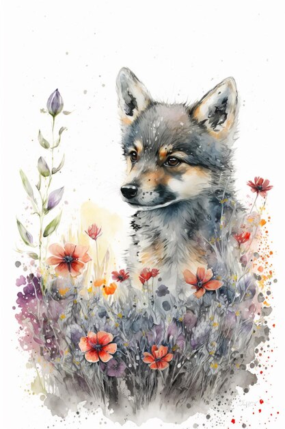 Il y a une peinture d'un loup dans un champ de fleurs.