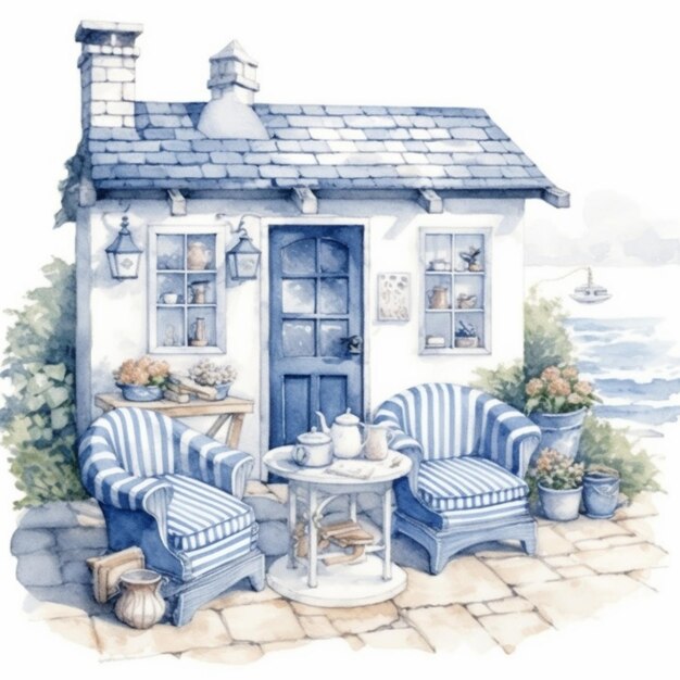 Il y a une peinture d'une maison avec un canapé à rayures bleues et blanches.