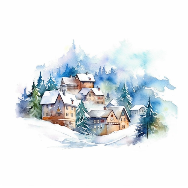 Il y a une peinture d'une maison dans la neige avec des arbres génératifs ai