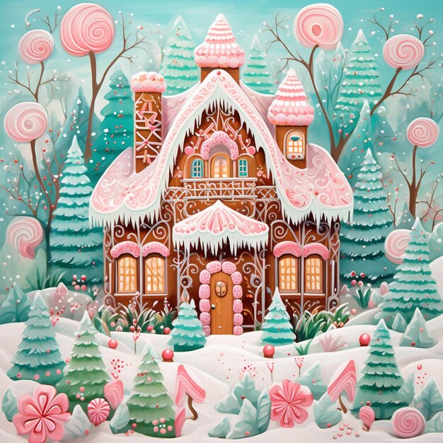 il y a une peinture d'une maison de gingembre dans la neige ai générative