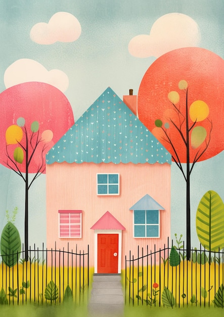 Il y a une peinture d'une maison avec une porte rouge et une clôture générative ai