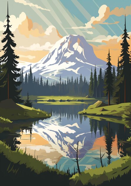 Photo il y a une peinture d'une montagne avec un lac au premier plan