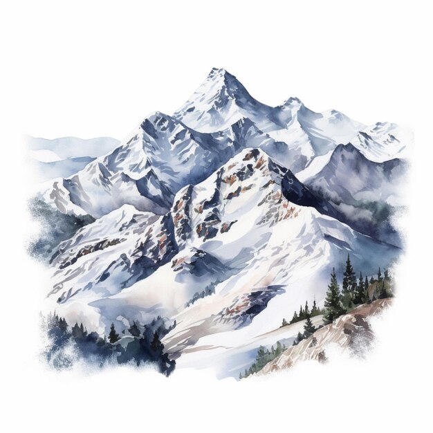 Il y a une peinture d'une montagne avec un sommet couvert de neige.